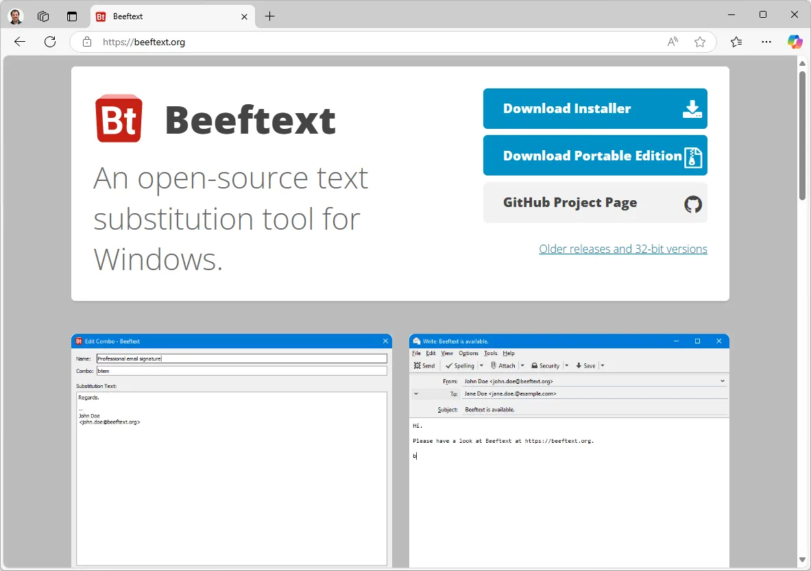 De downloadpagina van Beeftext met de beschikbare installatiebestanden.